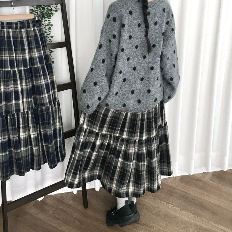 가을겨울 부들 모리걸 체크 캉캉 밴딩 롱스커트 블랙