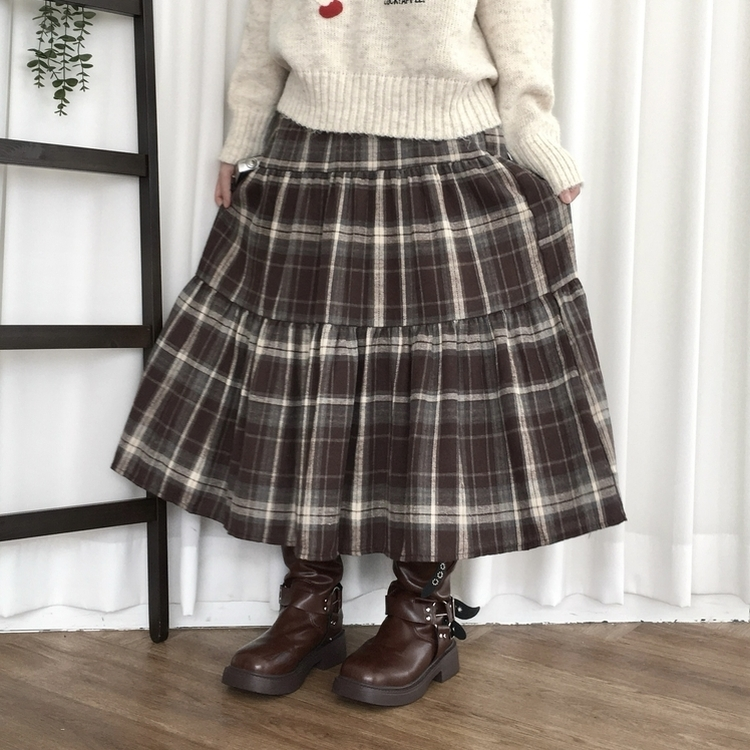가을겨울 부들 모리걸 체크 캉캉 밴딩 롱스커트 밤색
