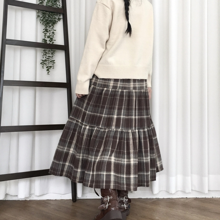 가을겨울 부들 모리걸 체크 캉캉 밴딩 롱스커트 밤색