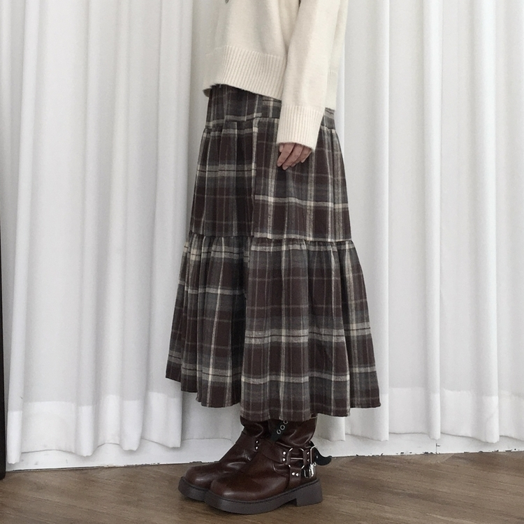 가을겨울 부들 모리걸 체크 캉캉 밴딩 롱스커트 밤색