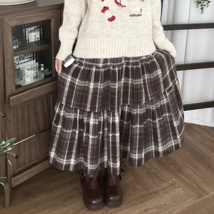 가을겨울 부들 모리걸 체크 캉캉 밴딩 롱스커트 밤색