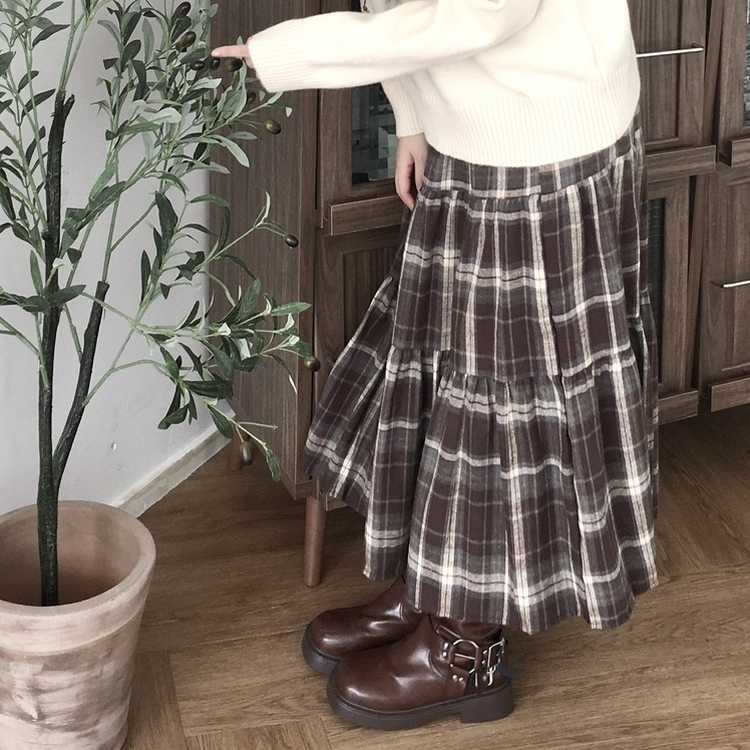 가을겨울 부들 모리걸 체크 캉캉 밴딩 롱스커트 밤색