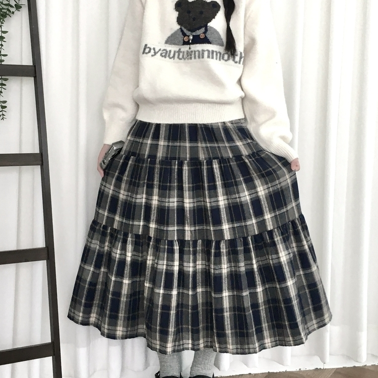 가을겨울 부들 모리걸 체크 캉캉 밴딩 롱스커트 곤색