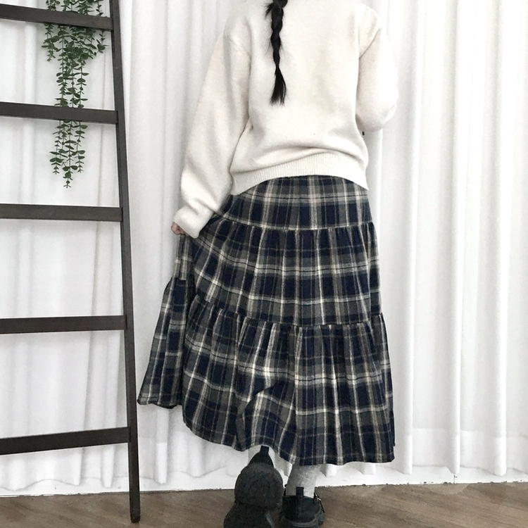 가을겨울 부들 모리걸 체크 캉캉 밴딩 롱스커트 곤색