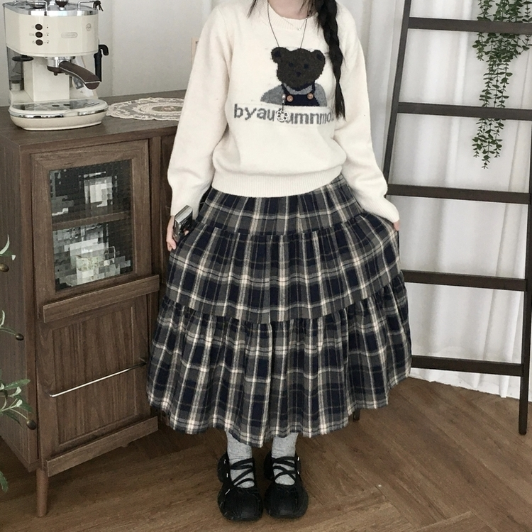 가을겨울 부들 모리걸 체크 캉캉 밴딩 롱스커트 곤색
