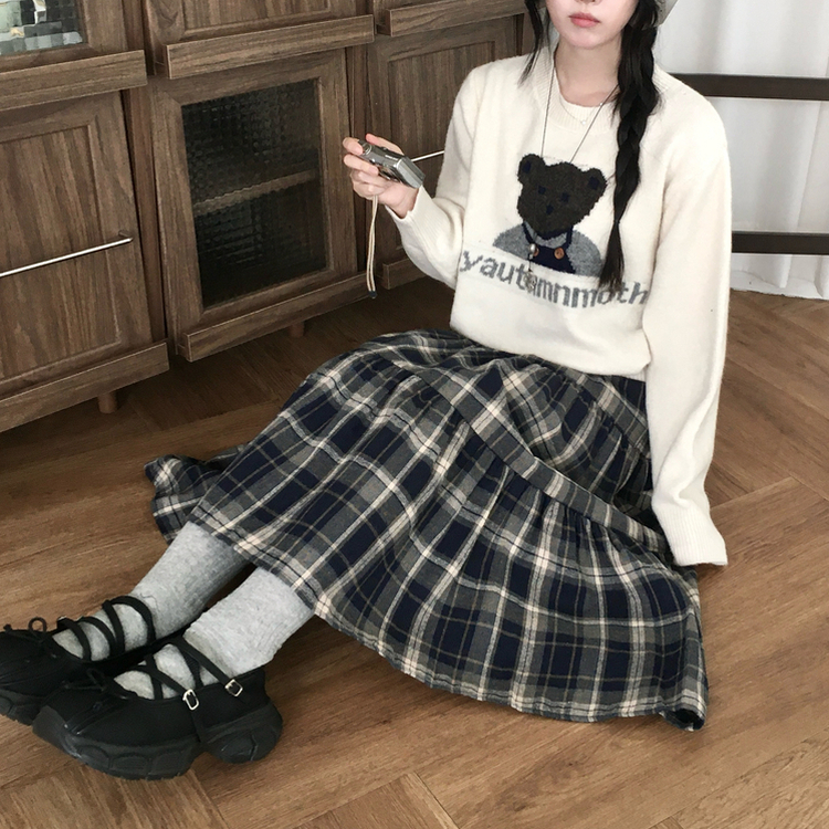 가을겨울 부들 모리걸 체크 캉캉 밴딩 롱스커트 곤색