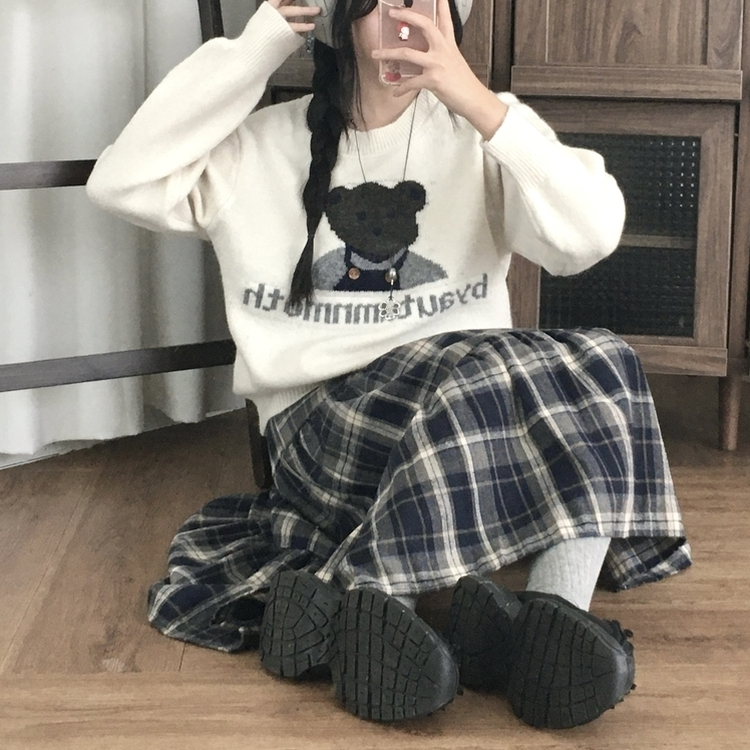 가을겨울 부들 모리걸 체크 캉캉 밴딩 롱스커트 곤색