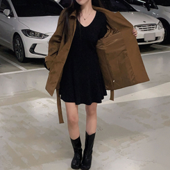 스위트 골지 브이넥 플레어 미디 원피스 블랙