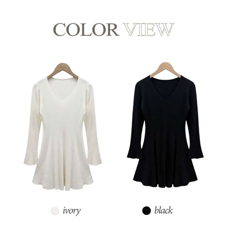 스위트 골지 브이넥 플레어 미디 원피스