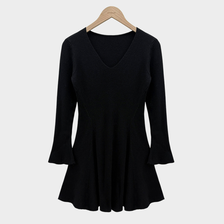 스위트 골지 브이넥 플레어 미디 원피스