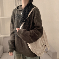 [아방소매] 위픈 빈티지 하찌 레터링 루즈핏 후드 니트 카키