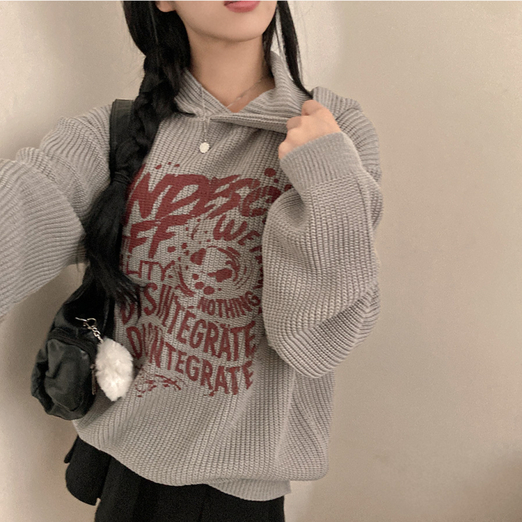 [아방소매] 위픈 빈티지 하찌 레터링 루즈핏 후드 니트 베이지