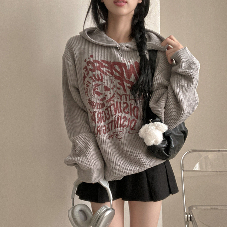 [아방소매] 위픈 빈티지 하찌 레터링 루즈핏 후드 니트 베이지