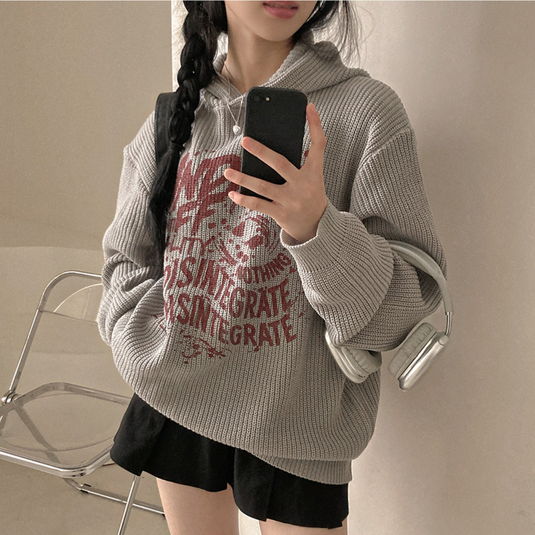 [아방소매] 위픈 빈티지 하찌 레터링 루즈핏 후드 니트 베이지