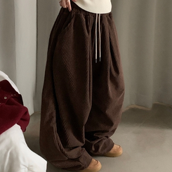 스튜 골덴 코듀로이 가죽패치 루즈 와이드 더블 핀턱 트레이닝 팬츠 6color 브라운