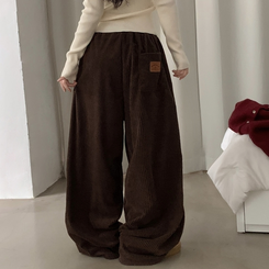 스튜 골덴 코듀로이 가죽패치 루즈 와이드 더블 핀턱 트레이닝 팬츠 6color 브라운