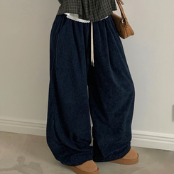 스튜 골덴 코듀로이 가죽패치 루즈 와이드 더블 핀턱 트레이닝 팬츠 6color 네이비