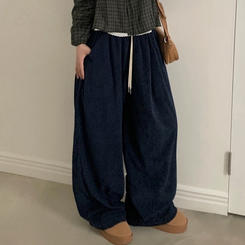 스튜 골덴 코듀로이 가죽패치 루즈 와이드 더블 핀턱 트레이닝 팬츠 6color 네이비