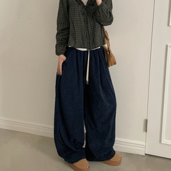 스튜 골덴 코듀로이 가죽패치 루즈 와이드 더블 핀턱 트레이닝 팬츠 6color 네이비