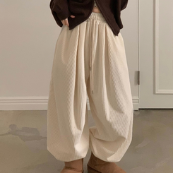 스튜 골덴 코듀로이 가죽패치 루즈 와이드 더블 핀턱 트레이닝 팬츠 6color 크림