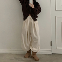 스튜 골덴 코듀로이 가죽패치 루즈 와이드 더블 핀턱 트레이닝 팬츠 6color 크림