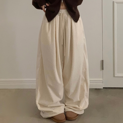 스튜 골덴 코듀로이 가죽패치 루즈 와이드 더블 핀턱 트레이닝 팬츠 6color 크림