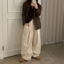 스튜 골덴 코듀로이 가죽패치 루즈 와이드 더블 핀턱 트레이닝 팬츠 6color 크림