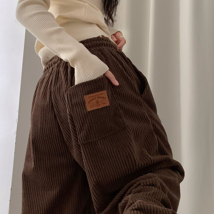 스튜 골덴 코듀로이 가죽패치 루즈 와이드 더블 핀턱 트레이닝 팬츠 6color 브라운