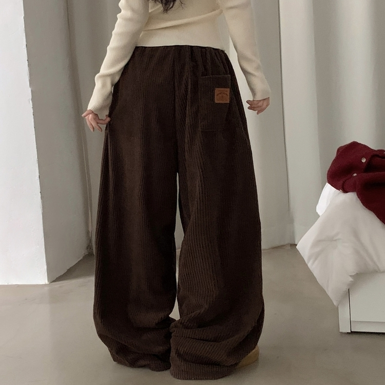 스튜 골덴 코듀로이 가죽패치 루즈 와이드 더블 핀턱 트레이닝 팬츠 6color 브라운