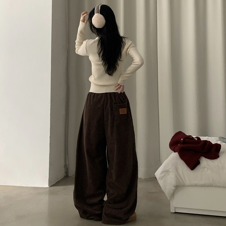 스튜 골덴 코듀로이 가죽패치 루즈 와이드 더블 핀턱 트레이닝 팬츠 6color 브라운