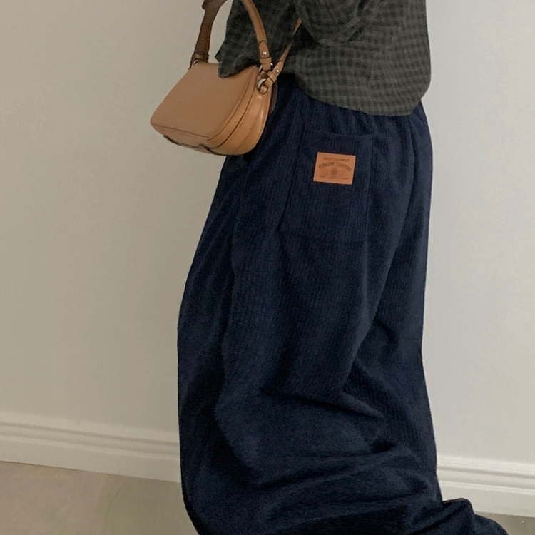 스튜 골덴 코듀로이 가죽패치 루즈 와이드 더블 핀턱 트레이닝 팬츠 6color 네이비