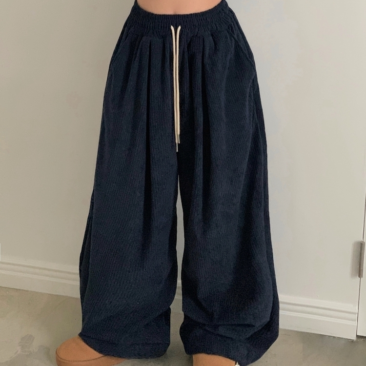 스튜 골덴 코듀로이 가죽패치 루즈 와이드 더블 핀턱 트레이닝 팬츠 6color 네이비