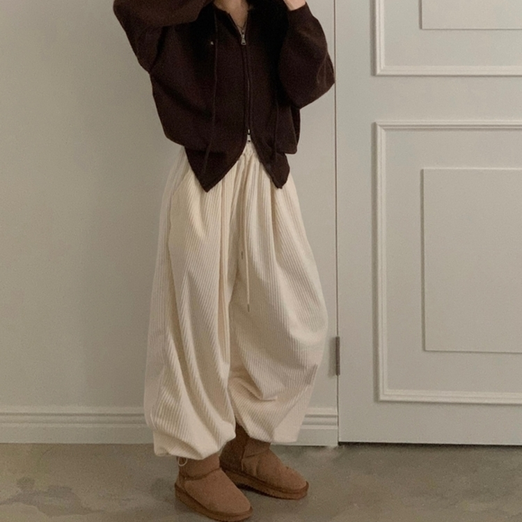 스튜 골덴 코듀로이 가죽패치 루즈 와이드 더블 핀턱 트레이닝 팬츠 6color 크림