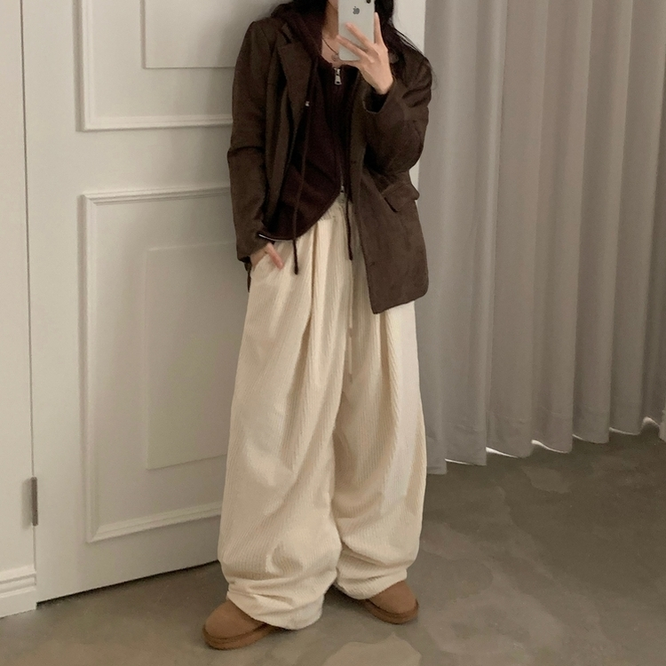 스튜 골덴 코듀로이 가죽패치 루즈 와이드 더블 핀턱 트레이닝 팬츠 6color 크림