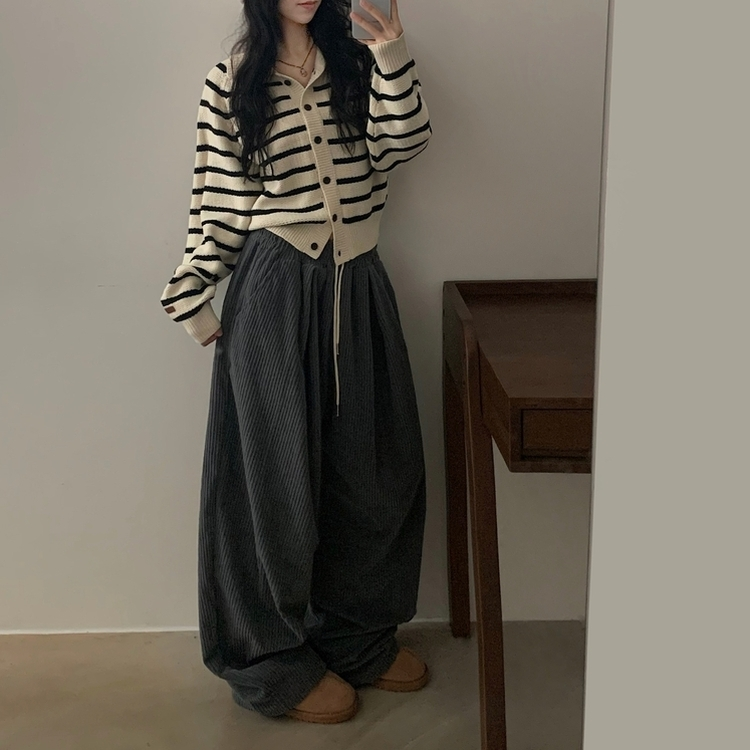 스튜 골덴 코듀로이 가죽패치 루즈 와이드 더블 핀턱 트레이닝 팬츠 6color 차콜