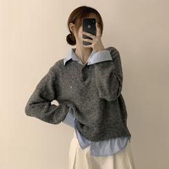 여리여리한 무드의 와펜 가을 카라 긴팔 루즈핏 셔츠 레이어드 니트 그레이