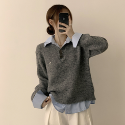 여리여리한 무드의 와펜 가을 카라 긴팔 루즈핏 셔츠 레이어드 니트 그레이