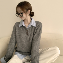 여리여리한 무드의 와펜 가을 카라 긴팔 루즈핏 셔츠 레이어드 니트 그레이