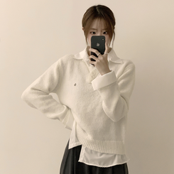 여리여리한 무드의 와펜 가을 카라 긴팔 루즈핏 셔츠 레이어드 니트 화이트