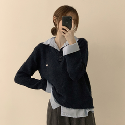 여리여리한 무드의 와펜 가을 카라 긴팔 루즈핏 셔츠 레이어드 니트 네이비