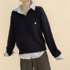 여리여리한 무드의 와펜 가을 카라 긴팔 루즈핏 셔츠 레이어드 니트 네이비