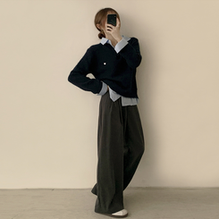 여리여리한 무드의 와펜 가을 카라 긴팔 루즈핏 셔츠 레이어드 니트 네이비