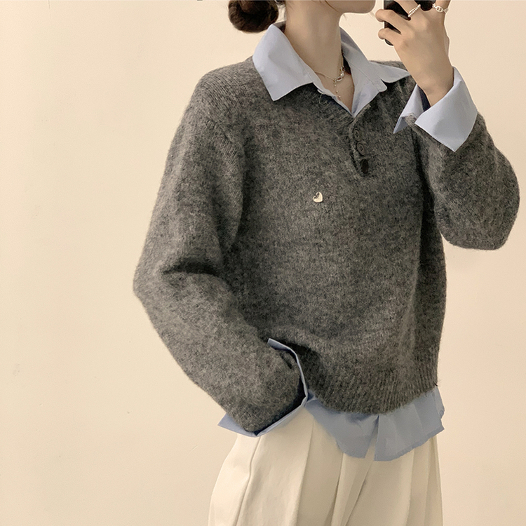 여리여리한 무드의 와펜 가을 카라 긴팔 루즈핏 셔츠 레이어드 니트 그레이
