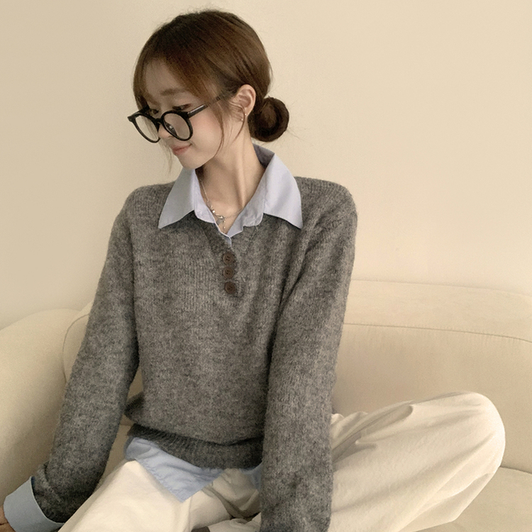여리여리한 무드의 와펜 가을 카라 긴팔 루즈핏 셔츠 레이어드 니트 그레이