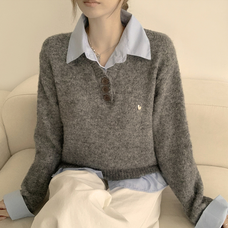 여리여리한 무드의 와펜 가을 카라 긴팔 루즈핏 셔츠 레이어드 니트 그레이