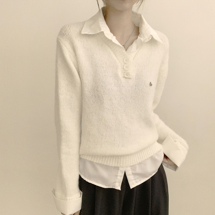 여리여리한 무드의 와펜 가을 카라 긴팔 루즈핏 셔츠 레이어드 니트 화이트