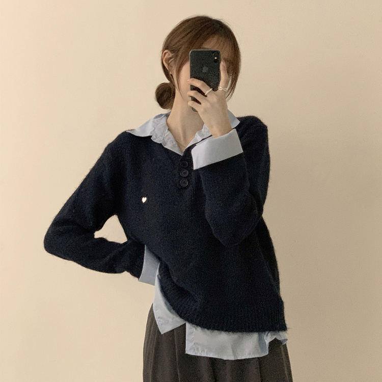 여리여리한 무드의 와펜 가을 카라 긴팔 루즈핏 셔츠 레이어드 니트 네이비
