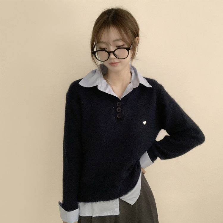 여리여리한 무드의 와펜 가을 카라 긴팔 루즈핏 셔츠 레이어드 니트 네이비