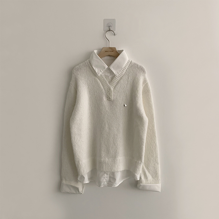 여리여리한 무드의 와펜 가을 카라 긴팔 루즈핏 셔츠 레이어드 니트