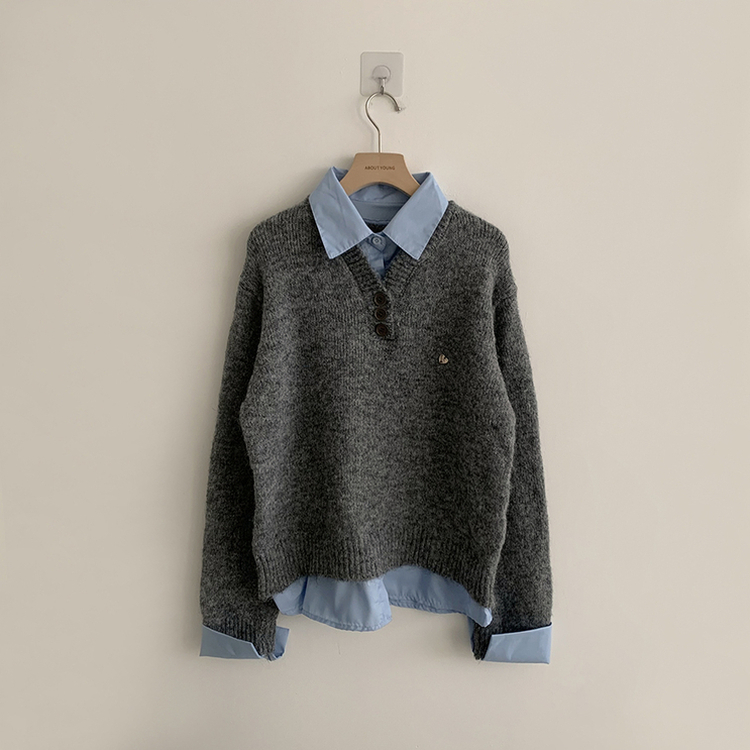 여리여리한 무드의 와펜 가을 카라 긴팔 루즈핏 셔츠 레이어드 니트